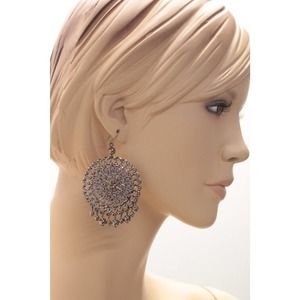 Large Round Drop Earrings Shield Dangles Pendant Fishhook Silver Tone